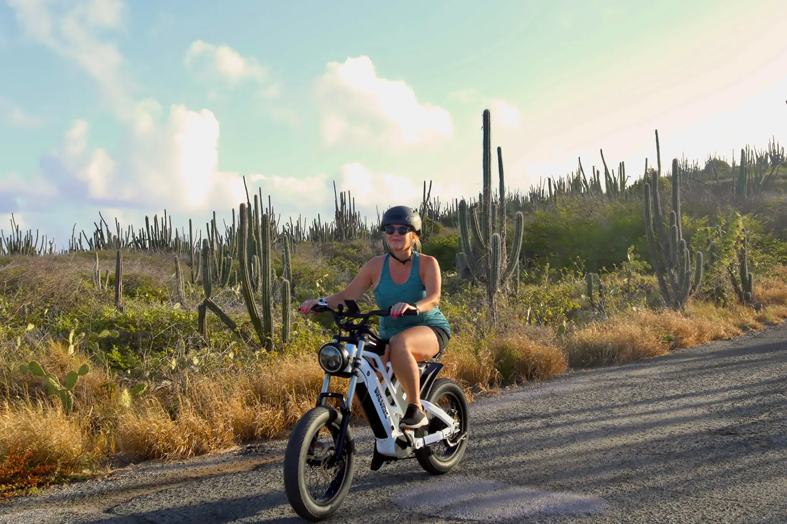 Rider cruising past tall cacti on a coastal road