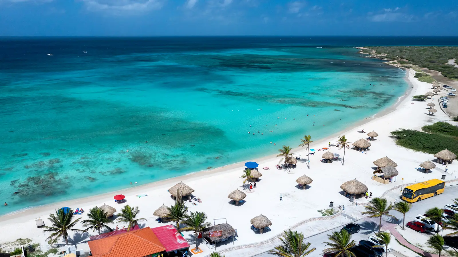 Aerial view of Aruba's turquoise coastline with thatched beach huts