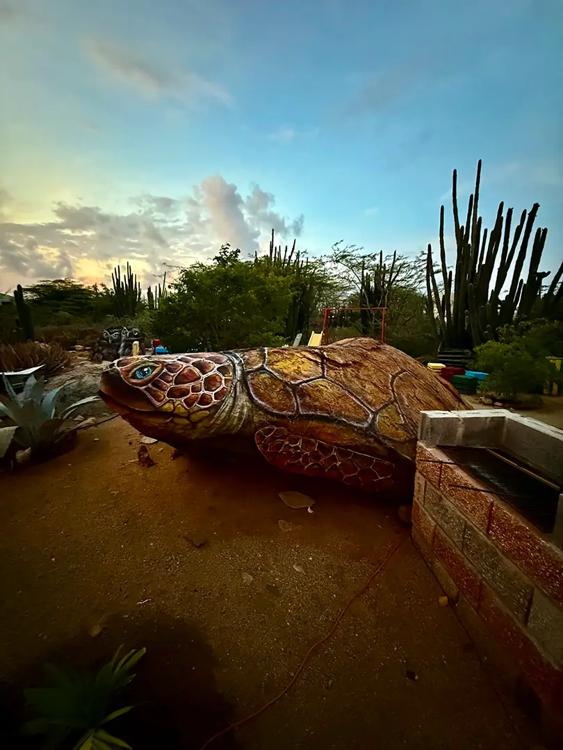 Giant painted sea turtle sculpture in the Aruban desert